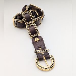 Chic Belt w/Brown Leather Flowing Through Squares of Gold & Rhinestones